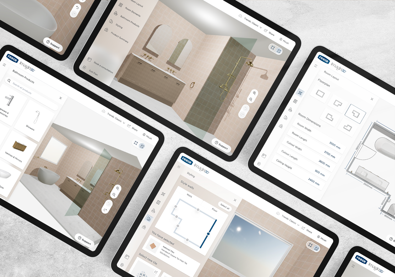 Product shot of the Reece Imagin3D tool on tablets showcasing different bathroom designs.