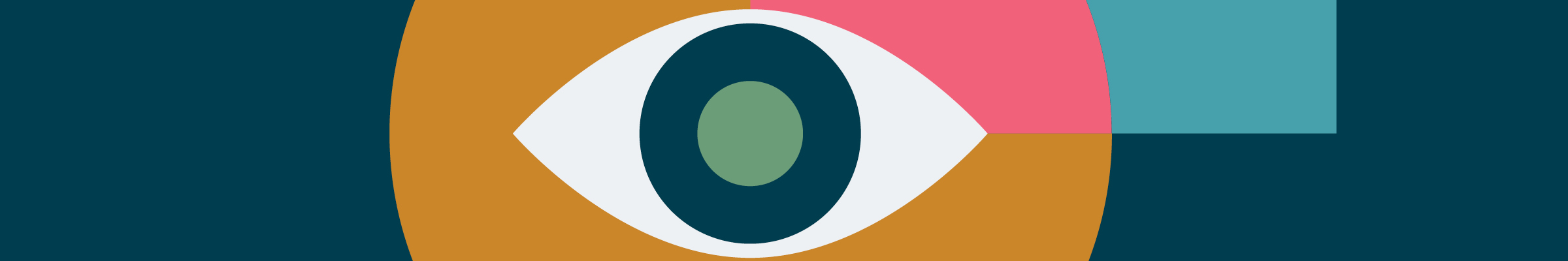 Illustration of an eye over a dark blue background with gemetrical shapes in yellow, pink and blue