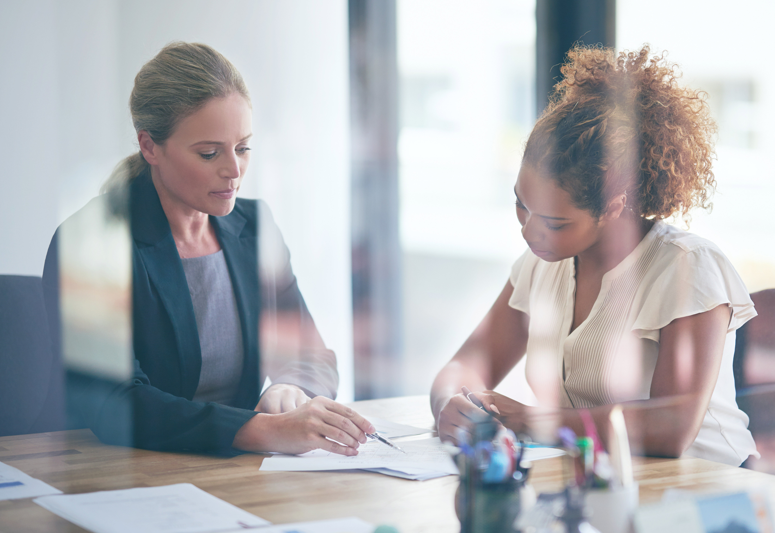 Two women discussing 